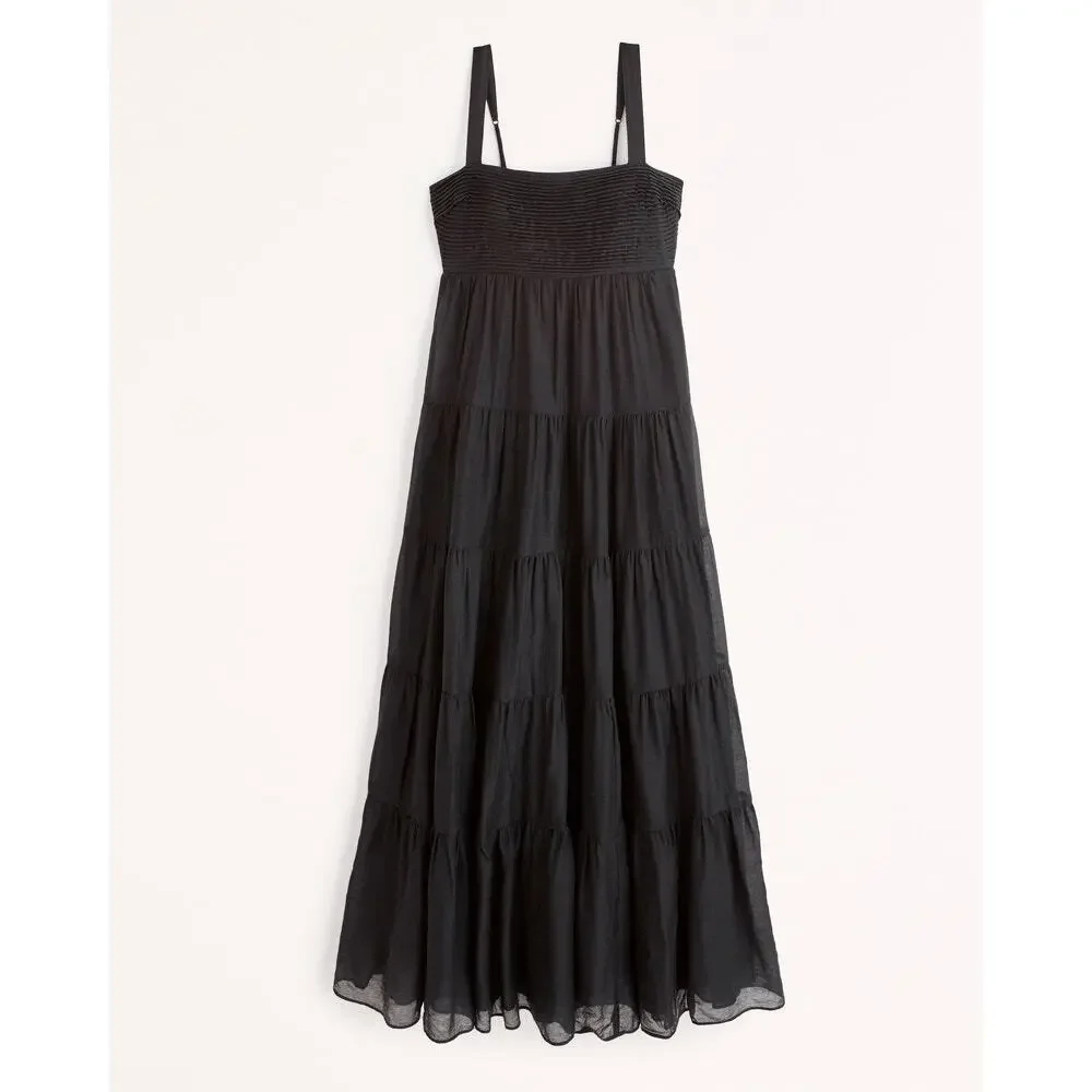 Abercrombie & Fitch Black Tiered Ruched Babydoll Maxi Dress